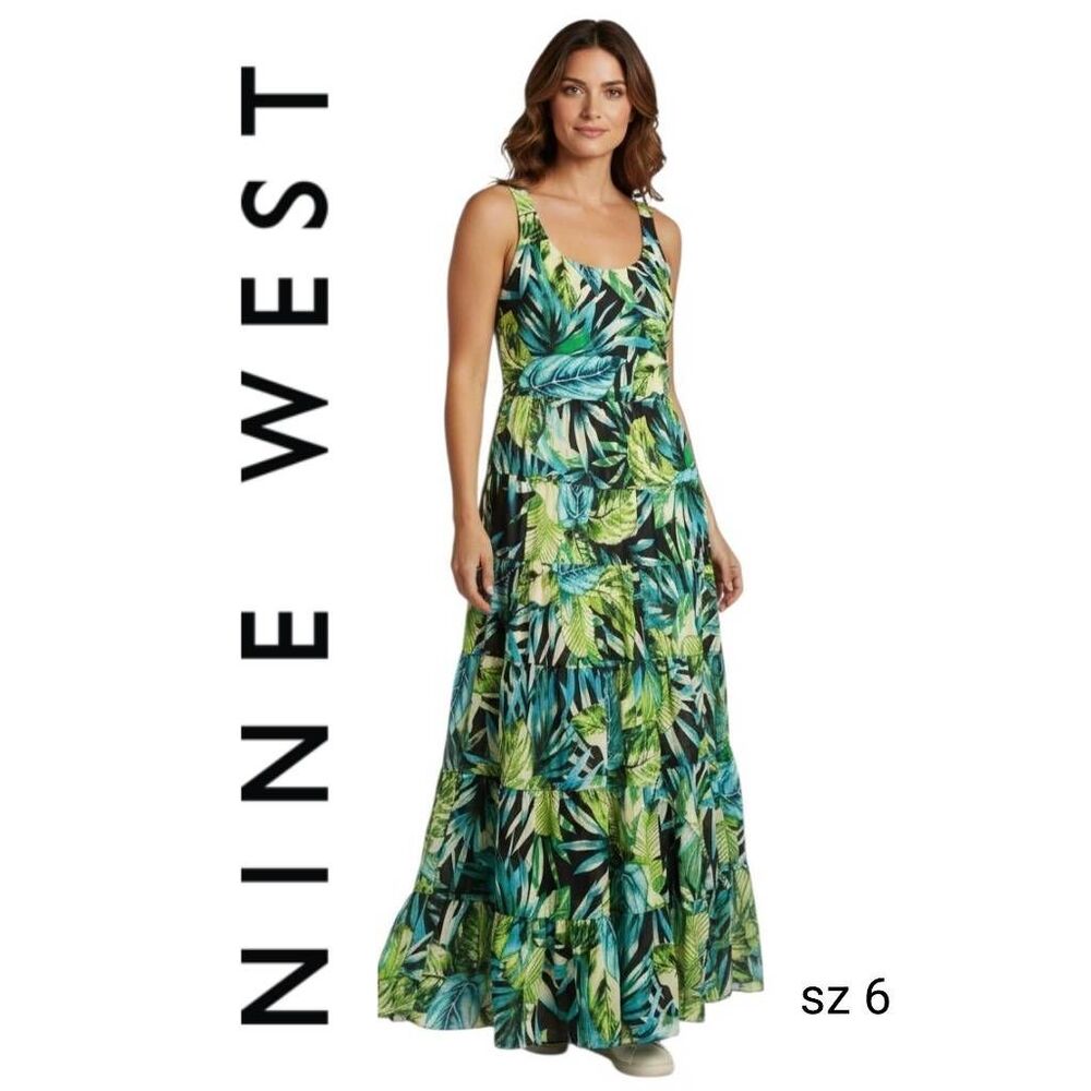 Dress Long Maxi Green Blue Garden Raw Edge Layered Ruffled Nine West Sleeveless